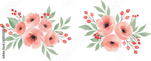 Watercolor illustration of two pink floral arrangements on white background