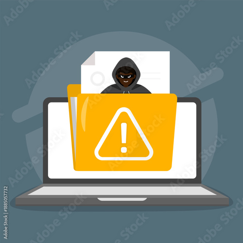 Hooded hacker threatens a laptop with a caution folder icon.