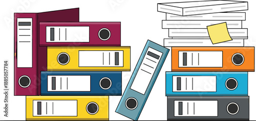 Office file folders and binders illustration, document organization, paperwork management concept, business archive storage, flat design, white background