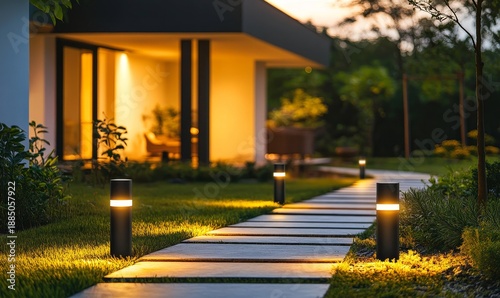A landscape lit with low-motion lights around the house and the pathway leading to the front door, showcasing the importance of outdoor lighting for home security in dimly-lit night, Generative AI