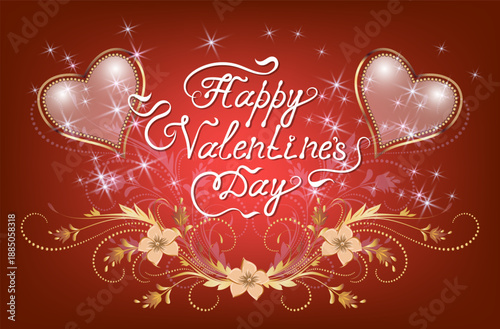 Valentine's Day greeting card with bulk  hearts and golden ornament and glowing stars