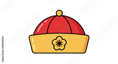 Vibrant red and yellow imperial chinese hat with floral emblem on white background