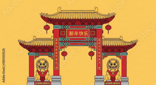 Vibrant chinese gate with lion statues and lanterns on yellow background symbolizing good fortune and prosperity during celebrations