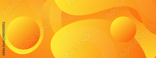 Smooth orange and yellow fluid shapes combined with fine line patterns and floating spheres