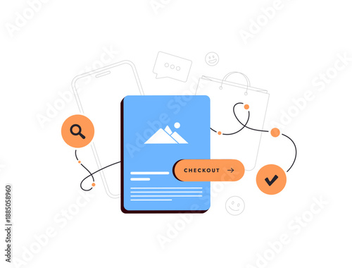 E-commerce checkout process with links search magnifying glass, shopping bag, emoji smiley chat, smartphone with product card button. Online purchase flow customer journey concept vector illustration