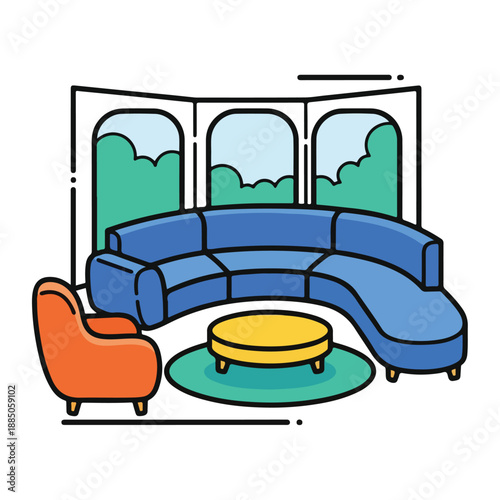 A cartoon living room with blue sectional sofa and orange chair