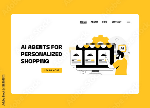 User interacts with chatbot powered by AI agents for personalized shopping, enhancing customer experience, personal product recommendation and e-commerce support. Smart assistant vector illustration