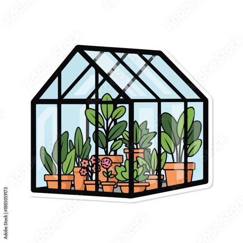 A cartoon greenhouse with various plants inside