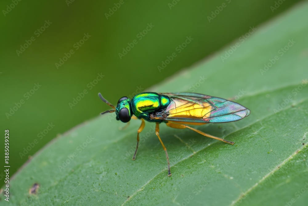 Naklejka premium Bright green insect resting on a leaf during daytime in a natural environment