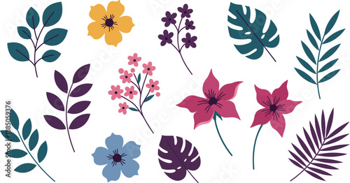 Dark purple leaves on branches with white background