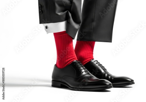 Sharp tailored suit and polished shoes contrasted by vibrant red socks. Demonstrates corporate confidence, individuality, and flair in business fashion, apparel, professional, suit