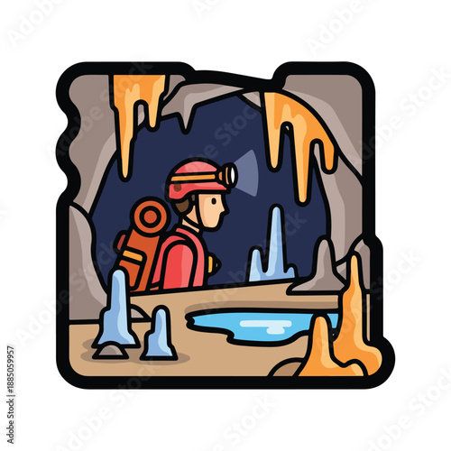 A cartoon man in a cave with a headlamp and backpack