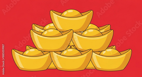 Golden ingots stacked high on red background symbolizing wealth and prosperity in a festive chinese new year setting with shiny metallic gold bars