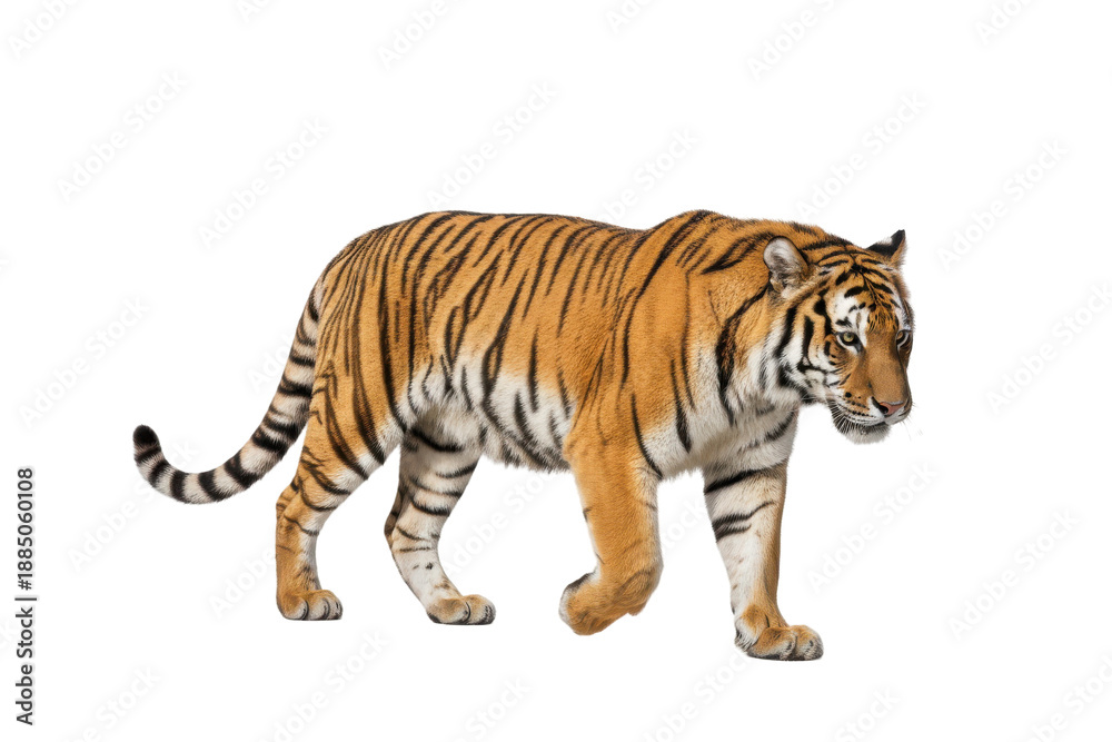 Fototapeta premium Majestic Tiger Walking Isolated on White Background