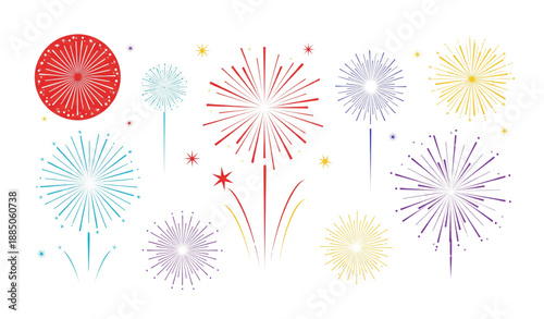 Festive colorful fireworks vector collection with flat celebratory pyrotechnic bursts on white background