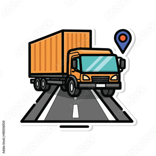 A cartoon truck on a road with a location pin