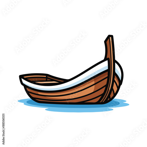 A cartoon wooden boat on water