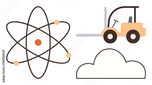 Science, industry, transportation, logistics, cloud computing, innovation. ion of an atom model, a forklift and a cloud. Science and industry intertwined with technology concepts