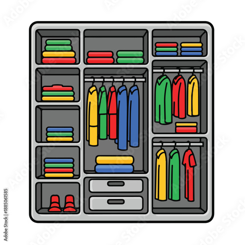 A cartoon illustration of a closet with organized clothing and accessories