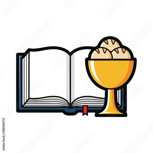 A cartoon image of an open book and a golden chalice with bread