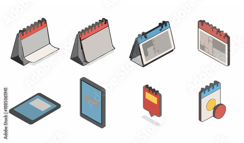 Isometric style calendar icon set with date planner and event schedule symbols on white background