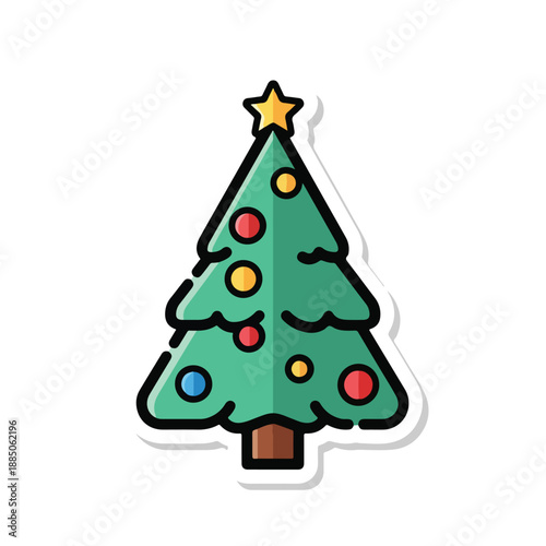 A cartoonish Christmas tree with colorful ornaments