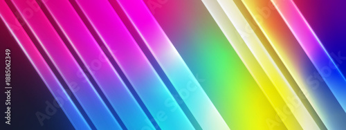 Vibrant neon colored diagonal glass stripes with glowing light effects and motion blur feel