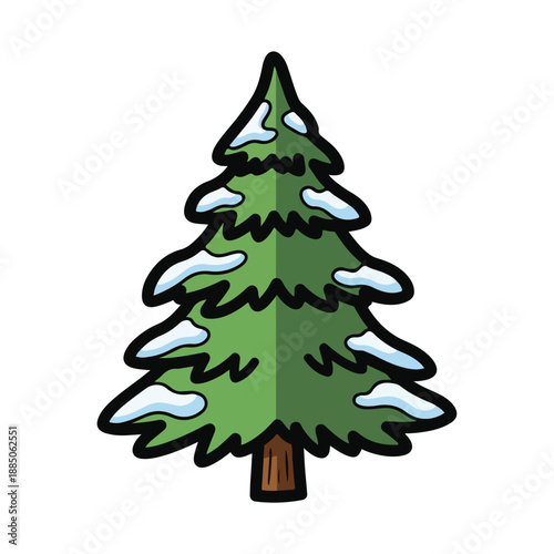 A cartoonish evergreen tree with snow