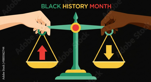Balancing scales with hands of different skin tones for equality and justice on black history month