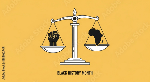 Black history month illustration with scales balancing fist and africa on yellow background symbolizing equality and justice