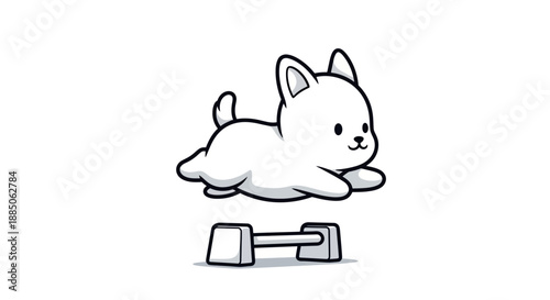 A cute puppy jumps over a dumbbell, engaging in playful exercise in a monochrome line art illustration.