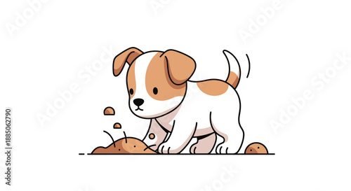 A cute puppy digs in the dirt, creating a small hole in a charming line art illustration.