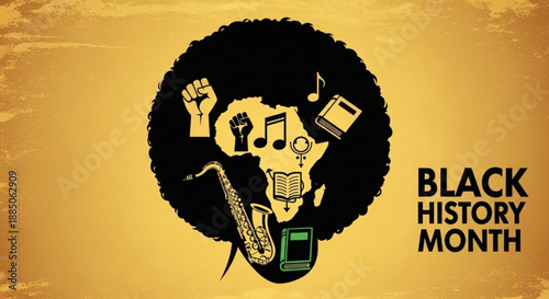 Black history month illustration featuring afro with raised fist music notes saxophone and book on textured gold background