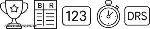 Black and white line icons of trophy clock numbers and checklist