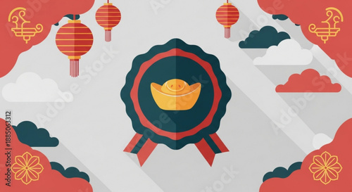 Golden ingot in a rosette badge with red lanterns and clouds on a gray background