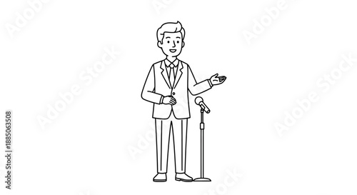 Businessman speaking into a microphone, gesturing with an open hand in a simple monochrome line art.