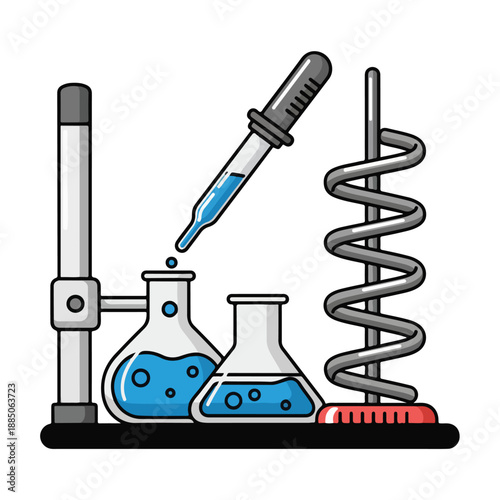 A cartoon lab setup with beakers and a test tube