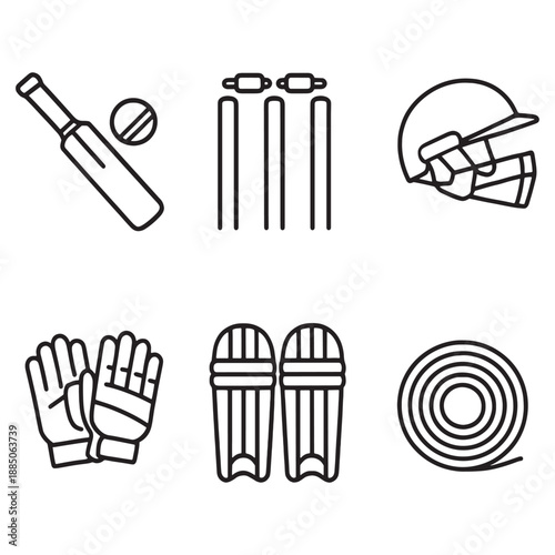 Cricket equipment icons including bat ball helmet gloves and leg guards