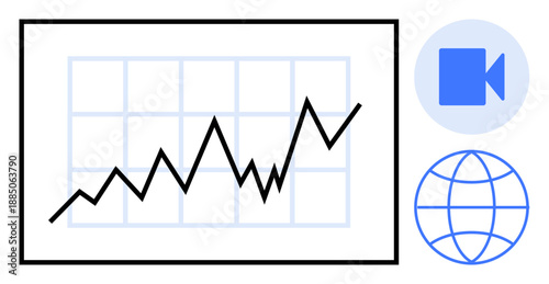 Business trends, global communication, data analysis, video conferences, digital strategy, networking. Linear graph with rising trend, video camera icon globe symbol. Business trends and global