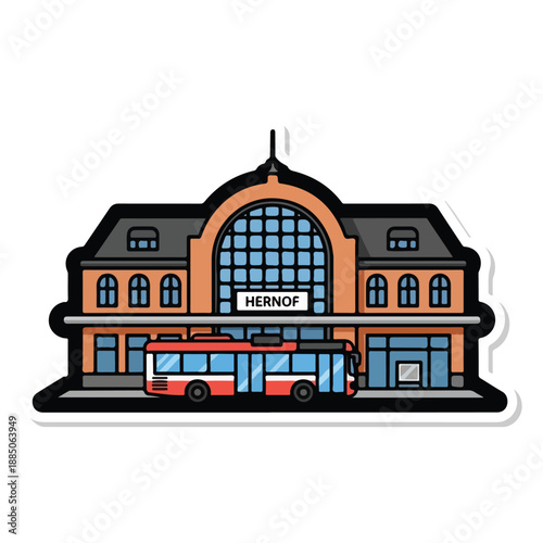 A cartoonish illustration of a bus station with a bus