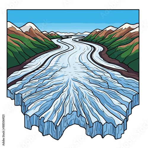 A cartoonish illustration of a glacier river