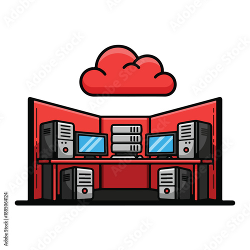 A cartoon illustration of a server room with a cloud