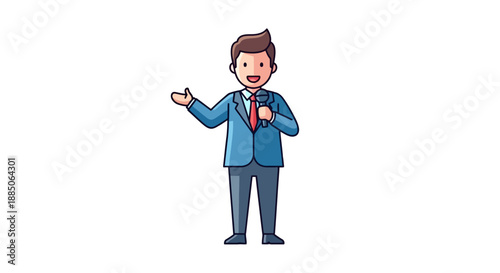 Cartoon businessman character presenting with microphone, gesturing hand illustration.