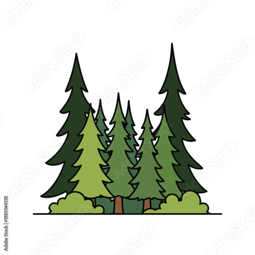 A cartoonish illustration of a group of evergreen trees