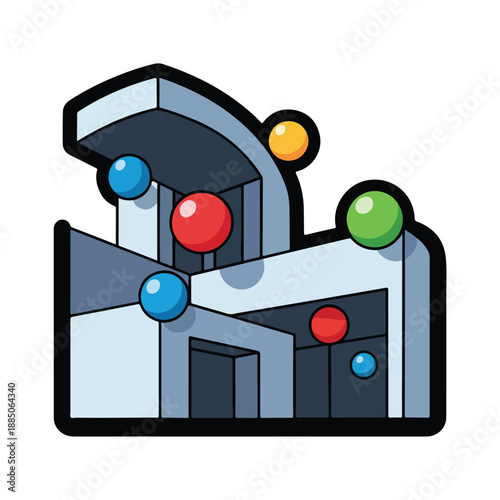 A cartoonish illustration of a maze with colored balls