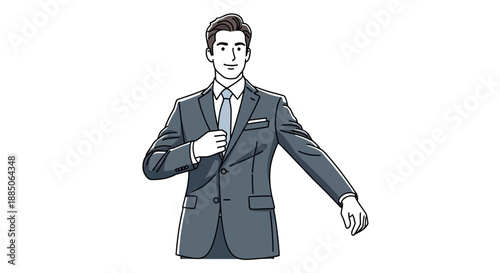 Confident businessman character standing, adjusting his suit jacket with one hand illustration.