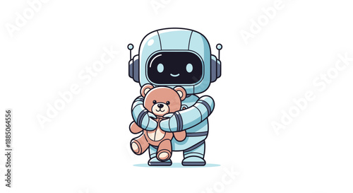 Cute robot character standing, tenderly hugging a small brown teddy bear illustration.
