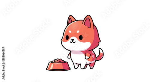 Cute shiba inu puppy character standing next to a full food bowl illustration.