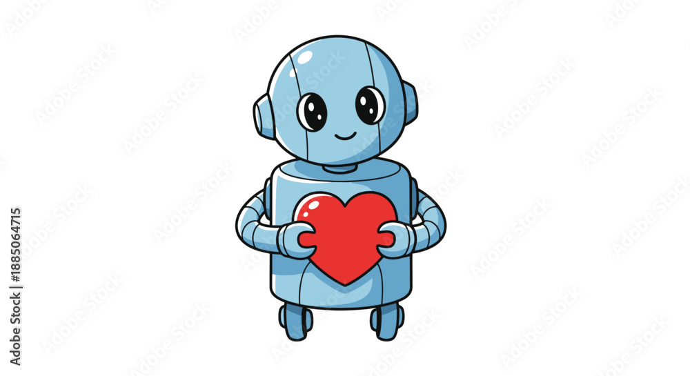 Fototapeta premium Friendly blue robot character holding a vibrant red heart, in a charming vector illustration.