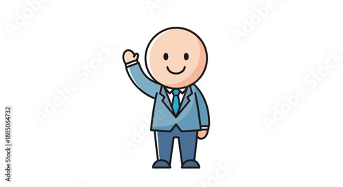 Friendly businessman character standing and waving a welcoming hand illustration.